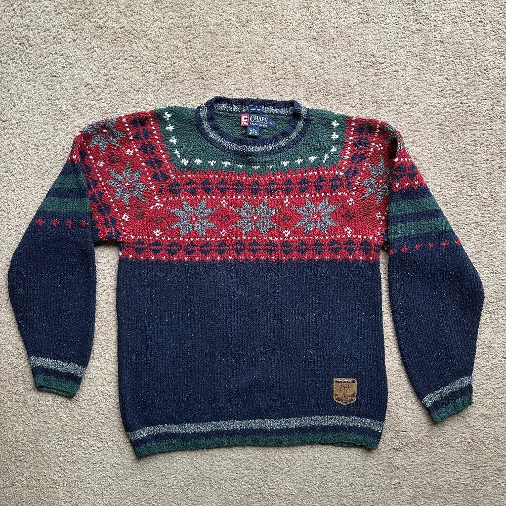 Chaps Ralph Lauren Sweater Mens Medium Hand Knit Vtg Silk Blend Crewneck
